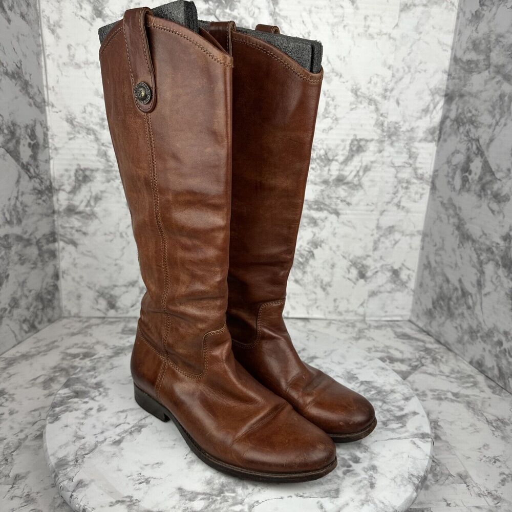 FRYE Womens Vintage Melissa Button Tall Riding Boots Size 7 Brown Cognac Leather